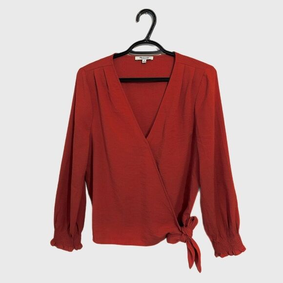 Madewell Smocked Sleeve Wrap Top Long Sleeve Rust Orange Size M - Picture 5 of 10